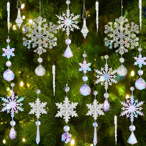 Conponous 20 Pcs Christmas Tree Decorations Acrylic Snowflake Decoration Icicles Christmas Ornaments, Christmas Tree Pendants Window Door Decoration