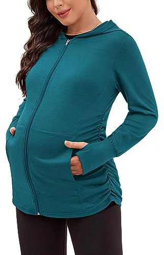 DEBELLY Umstands-Sweatshirt, langärmelig, durchgehender Reißverschluss, lässig, Schwangerschaft, Damen, Jacke, Top mit Taschen, Daumenloch, seitliche Rüschen, Pfauengrün, M