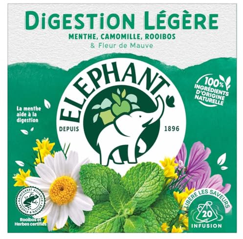 Elephant, Infusion Digestion légère, Goût Menthe, Camomille et Rooibos, Certifié Rainforest Alliance, Ingrédients d'Origine 100% Naturelle, 20 Sachets Pyramid