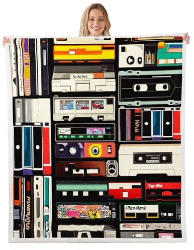 Vintage Cassette Sherpa Blanket Music Record Player Fleece Throw Blanket for Boys Girls Colorful Audio Cassette Plush Blanket Retro Audio Fuzzy Blanket Queen 90x90