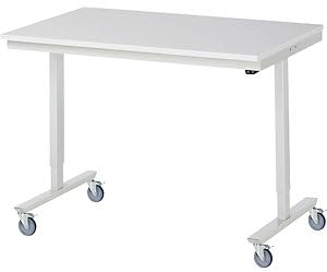 Elektrisch höhenverstellbarer Arbeitstisch, fahrbar, Melaminplatte, Plattenbreite 1250 mm.