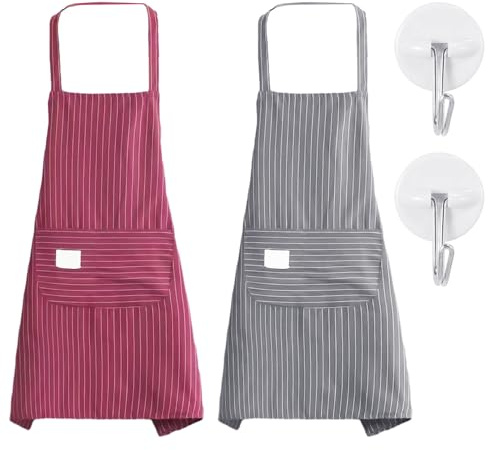 COACOM 2 Stück Einfaches Schürzen-Set, mit 2 Haken, Taschenschürze, Karierte Baumwollschürze, Riemenschürze, Wasserdicht, Zum Kochen, Malen, Handgefertigte Ärmellose Schürze (Rosa, Grau)