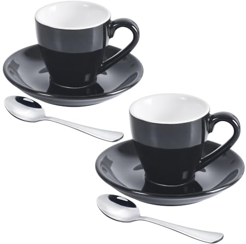 ionEgg Porcelain Espresso Cup with Saucer And Stainless Steel mini Spoons, Espresso shot Cup, 80ml/2.7Oz, Pack of 2, Black