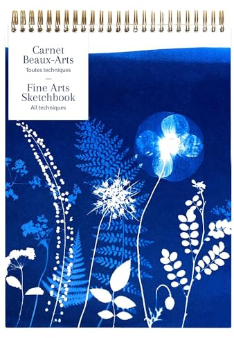 Clairefontaine 83506C - Skizzenbuch Cyanotype mit kopfseitiger Spiralbindung A4 21x29,7 cm, 40 Blatt, weißes Mixed Media-Zeichenpapier 180g, 1 Stück