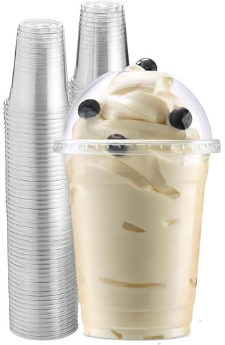 Prieto Larrey - Vasos batido reutilizables con tapa 350 ml (Pack 50) - Vasos plástico reciclables- Vasos transparentes con tapas abovedadas - Ideal para batidos, jugos y bebidas frías