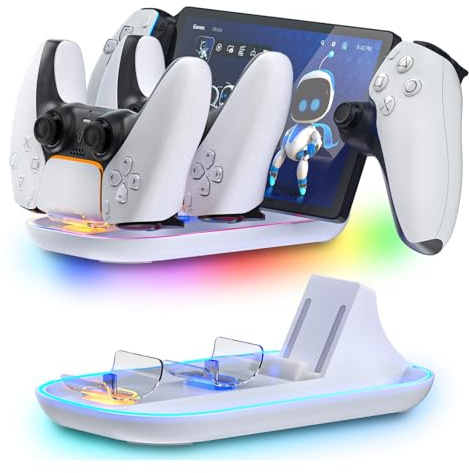 HEATFUN Station de Chargement PS 3 en 1 pour manettes PS5, Accessoires de Portail PS avec 14 lumières RVB, câble de Type C - Blanc
