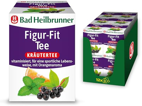 Bad Heilbrunner Figur-Fit Tee – Kräutertee mit Orangenaroma, Mate, Brombeerblättern und Pfefferminze, angereichert mit Vitamin B12 zur Unterstützung des Energiestoffwechsels, (12 x 8 Filterbeutel)