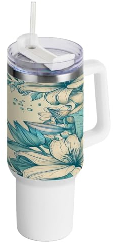 JUMBEAR Vaso de 40 onzas con asa y tapa con popote, botella de agua de acero inoxidable reutilizable con aislamiento, taza de viaje para café helado, hermosos lirios blancos