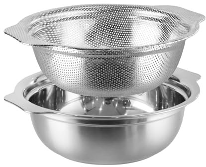 Extra großes 6QT Edelstahlsieb, großes Fassungsvermögen, Reissieb mit Rührschüssel, Reissieb für Gemüse, Obst, Spaghetti, Nudelsieb, spülmaschinenfest (2 Stück)