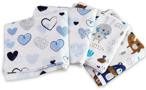 FENSILO Moltonhanddukar | 80 x 80 cm | 4-pack flanellblöjor av 100 % bomull, moltonblöja, dregellappar, baby, spottduk, flanell, moltonduk, unisex, dregellappar, för pojkar eller flickor, blått hjärta