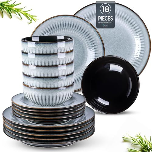 LeRatio Dinner Sets for 6 People, 18 Pieces Handcrafted Embossed Stoneware Plates and Bowls Set, Scratch Resistant Reactive Glaze Dinnerware Set, Dishwasher, Microwave Safe Crockery Set, Stain Blue