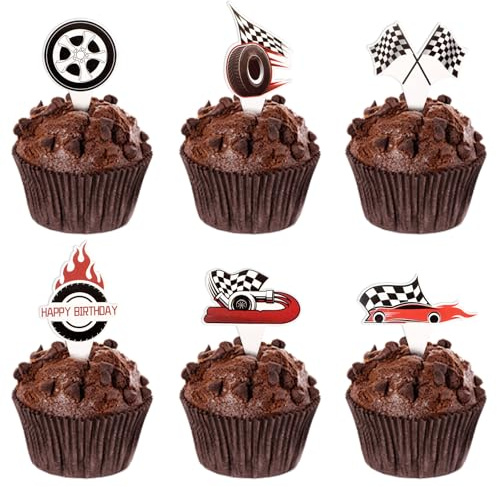 24 PCS Race Car Cupcake Toppers Cars Cupcake Toppers Hot Wheels Cake Topper for Boy Girl Shower Birthday Party Decorations Supplies, Red & Black Racing Theme Cake Decoration