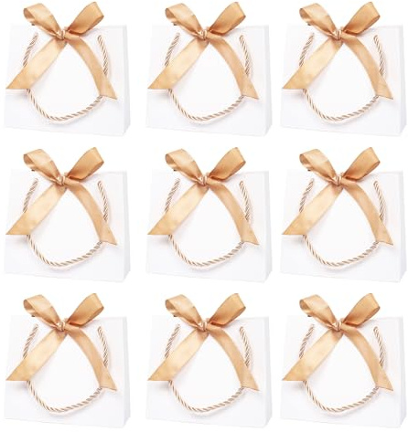 10 Stück kleine Weiß Geschenktüten mit Schleifen und Henkel, 14× 6× 12 cm Weiß Partytüten kleine Geschenktasche Mini-Party-Gunsttüten für Geburtstag, Hochzeit(Gold Schleifen)