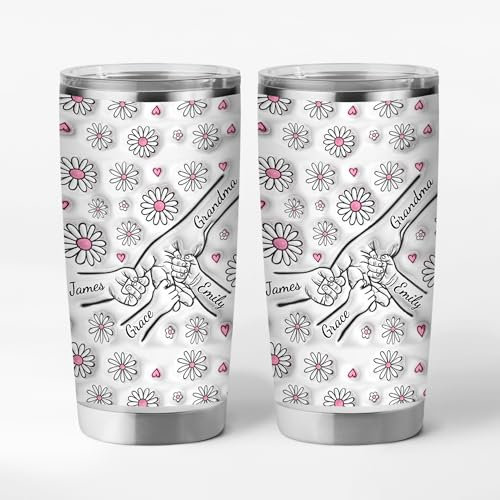 Cadeau Plus Mug Isotherme Personnalisable Prénom - Maman/Mamie Tenant Les Mains Avec Fleurs Pastels - Mug Thermos Personnalisé, Thermos Personnalisable (20OZ)