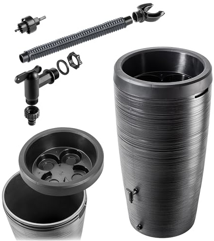 KADAX Récupérateur d'eau de pluie avec bac à plantes intégré dans le couvercle - 240 l - En plastique - Réservoir d'eau de pluie avec robinet - Résistant au gel - Noir