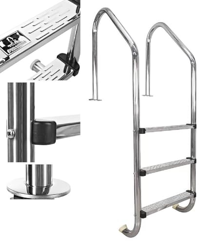 Edelstahl Poolleiter，Poolleiter 95 cm PoolhöHe Kein Stanzen Erforderlich, Poolleiter mit Plattform Einstiegsleiter für Schwimmbad Inkl. Montagematerial (Stufe 3)