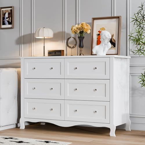 LEADZM Kommode Schlafzimmer mit 6 Geräumige Schubladen Weiß | Kommode für Wohnzimmer, Schlafzimmer, Flur, 120 x 40 x 84 cm,
