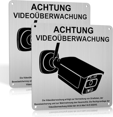 REIGY 2 Stück Achtung Videoüberwachung Schild Aluminium 15 * 15CM, Kameraüberwachung Schild Privatgrundstück mit DSGVO Hinweis, Kamera Überwachung, Hinweisschild Videoüberwachung