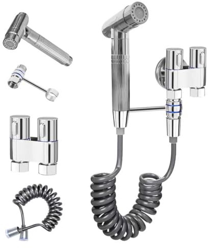 Douchette WC, Douchette Toilette WC, Noyau en Laiton avec Robinet D'Arret, Flexible, Support, Ensemble de Bidet de Salle de bain/Wc pour L'hygiène Personnelle