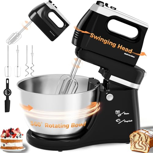 Sbattitore manuale da cucina elettrico 2 in 1 4,8 litri e frullatore con testa inclinabile 250 Watt, 5 velocità con Turbo Boost, frullatore domestico con frusta e gancio