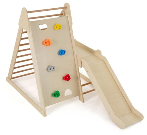 DREAMADE 3-in-1 Kletterdreiecke, Klettergerüst Indoor mit Rutsche, Leiter & Rampe, Kletterspielzeug mit robustem Holzrahmen, Montessori Kletterspielzeug für Kinder ab 3 Jahren (Natur)
