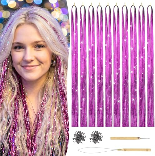 Kit Extension Capelli Glitter Viola - 1800 Ciocche, 120cm con Strumenti Inclusi | Fairy Hair per Donne e Ragazze | Ideale per Feste, Festival, Cosplay