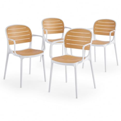 Shally Dogan Set 4 Sedie Impilabili in Polipropilene con Braccioli e Schienale Effetto Legno, Sedia da Esterno e Interno Resistente Fino a 140kg, Design Moderno, Genova con Braccioli