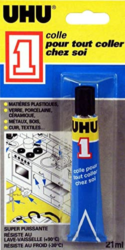 UHU 1 - Colle Super Puissante Multi Usages - Multi Réparations Et Multi Matériaux : Verre, Métal, Bois, Cuir, Textile, Plastique - Transparente - Tube 21 ml