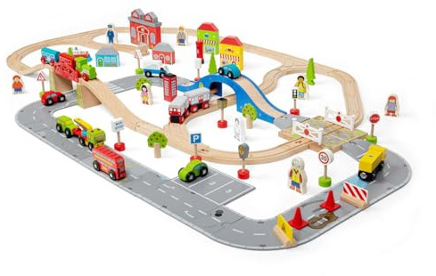 Bigjigs Rail City Road and Railway Set, 105 Piece Wooden Railway Playset | Roadway, Station, Cars, Level Crossing & Boat Included, Classic Train Toy for Kids, Boys & Girls Age 3+