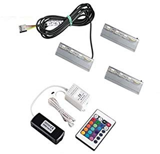 4 clips RVB comme éclairage de bord en verre + contrôleur RVB + transformateur LED - Complet (4 clips RVB + contrôleur RVB + transformateur LED).