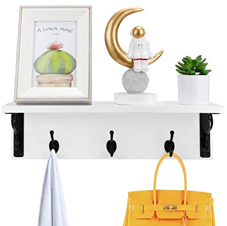 Eitida Entryway Coat Rack Shelf, Wall Mounted Hanging Rack with 3 Mental Hooks, Floating Organize Storage Uses as Key Holders Hat Organizer Decorate, Hanging for Hallway, Entryway_White