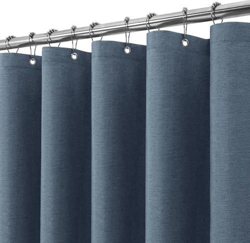 VANZAVANZU Duschvorhang Leinen mit Metall Duschvorhangringe Stoff Textil Badewannenvorhang Anti Schimmel Bad Vorhang Set Wasserdicht Schwerer Badewanne Vorhang - 182 x 182cm (Marineblau)