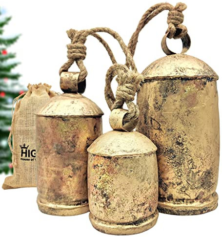 HIGHBIX Set di 3 campanelle giganti con mucca, stile vintage, fatte a mano, rustiche, portafortuna, da appendere, XL, su corda (rustico rustico, XL)