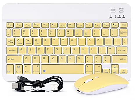 QYiD Set di tastiera e mouse Bluetooth ultra sottile, portatile, compatta, ricaricabile, tastiera wireless per iPad, iPhone, tablet Android, ecc., compatibile con iOS, Android, Windows e Mac, giallo