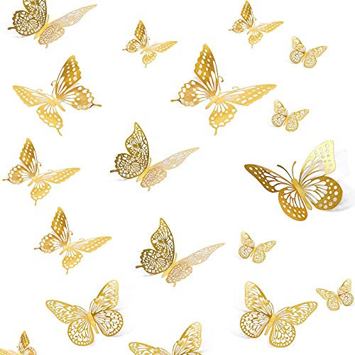 24pcs 3D Butterfly Wall Stickers, Butterfly Wall Decals for Home Bedroom Party Decors (Gold, 3 Sizes)