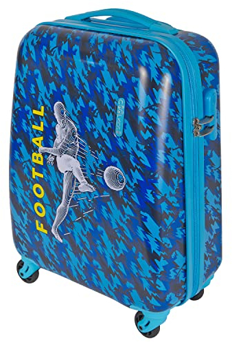 PERLETTI Blauer Kinderkoffer Fußballer - Kinder Trolley Handgepäck Leicht 4 Rollen und Zahlenschloss - Hartschalen Cabin Bag Kabinentrolley Junge - Koffer Lufthansa Ryanair 51x35x20 cm (Fußball, XS)