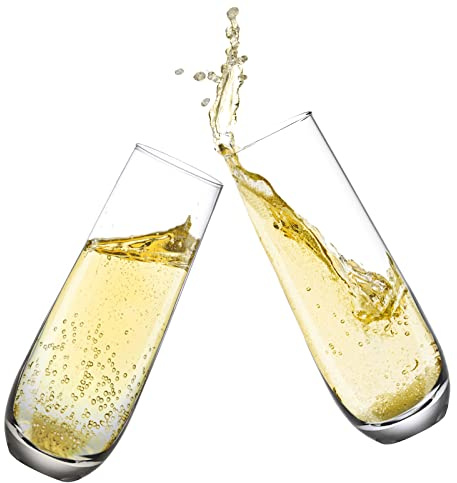 Yaschmo Stemless Champagne Flutes Set of 4，Hand Blown Crystal Glasses, 10.2oz Champagne Glasses, Prosecco Wine Flute, Cocktail Glasses, Mimosa glasses, Highball Glass, Water Glasses, Bar Glassware