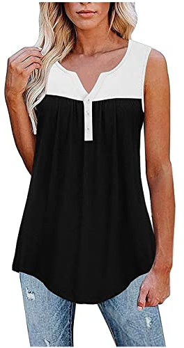 Dam sommar v-hals ärmlös lång väst linne kvinnors ärmlös tunika toppar v-ringad knapp Henley t-shirts damer vardagsblus toppar knappar ledig lös passform t-shirts damer Henley skjortor