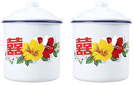 JinRu BaoHua 2 tazas de té, tazas de metal esmaltado, taza de café y leche, taza de cerveza, tazas de agua de estilo chino retro con asa, 350 ml