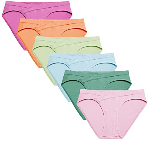 Molasus Cotton Crossover Maternity Underwear Under Bump Pregnancy Bikinis Panties Pack of 6,Multicolor,Large