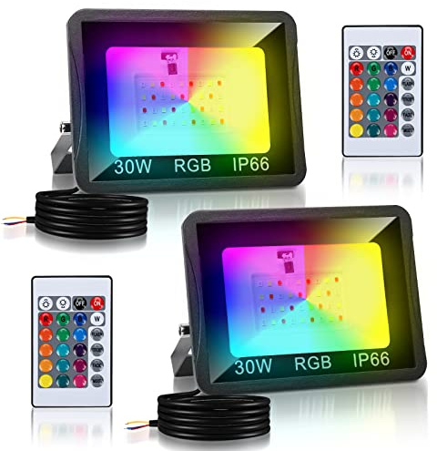 Cecaylie 2er 30w RGB LED Strahler mit Fernbedienung für Terrassen- & Verandabeleuchtung - 16 Farben, 4 Modi, IP66 Wasserdicht, Dimmbar, Memoryfunktion