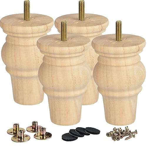 LA VANE 4 Stück Möbelfüße aus Massivholz - 10cm Höhe, Unlackiert, Spindelform mit M8 Bolzen & Montageplatten - DIY Ersatzbeine für Sofa Schrank Couch (Natürliche Holzoptik, einfach beizbar/lackierbar)