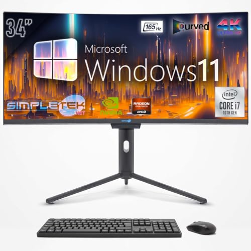 SIMPLETEK - Computer All in One 34 Schermo Curvo 4K 165Hz per Gaming, Grafica | Core i7 10° Gen | Windows 11 Pro | GPU RX550 4GB | 4GB RAM SSD 240GB | Webcam 2K | BT 5.2