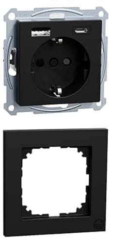 Schneider Electric Merten System M Pure, Schuko Steckdose+USB, TypA+C, aus Recyceltem Ocean Plastic, Schwarz Matt + Rahmen