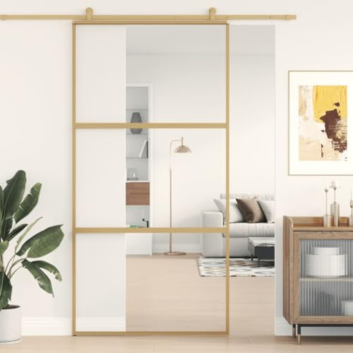 NITCA Porta Scorrevole Interna in Vetro ESG e Alluminio, Porta Scorrevole per Bagno Cucina Studio, Sicura e Silenziosa, Oro E Trasparente 102,5x205 cm Tipo 1
