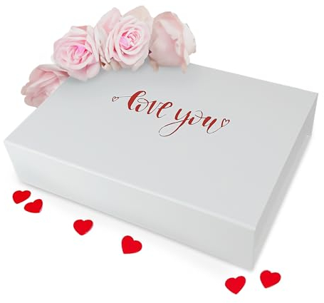 Verpackungswelt Geschenk-Box mit Deckel Love you | 31x22x7 cm | Perfekt für Valentinstag & Geburtstag | Geschenk-Karton mit Magnet-Verschluss | Geschenk-Verpackung in Weiß mit Aufschrift in Rot