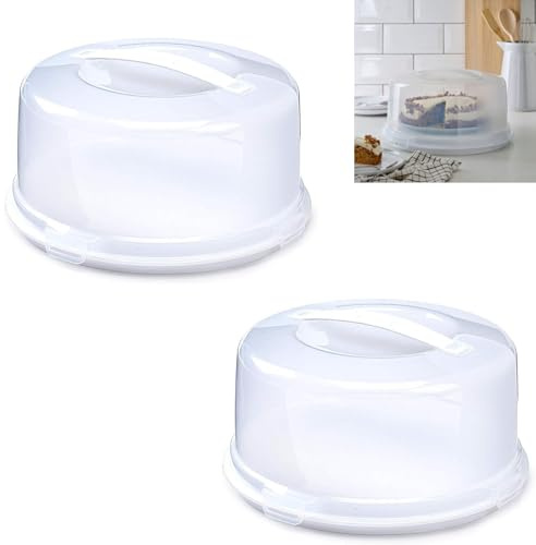 VR7 Cake Box Round/Square Large Plastic Portable Cake Carrier with Handle Cake Storage Container Tin with Lockable Lid Food Cover Box White (2, Round)