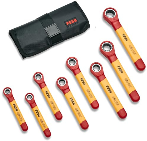 FESA Isoliertes Ratschenschlüssel-Set, 8-teilig, 1000 V, mit Aufbewahrungstasche, metrische isolierte Schraubenschlüssel in diesem Elektriker-Werkzeug-Set enthalten 7 mm, 8 mm, 10 mm, 12 mm, 13 mm, 14