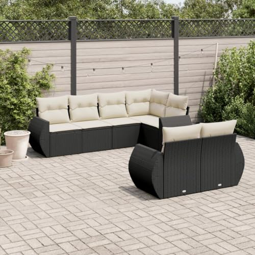Rantry 7-TLG. Garten Sofagarnitur mit Kissen Gartensofa mit Stauraum Gartenlounge Loungesofa Gartenmöbel Balkonmöbel Rattansofa Ecksofa Loungemöbel Sitzgruppe Gartenset Schwarz Poly Rattan
