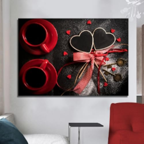 ZHAOLIN Affiche de tasse de café rouge avec nœud papillon, peinture sur toile vintage en forme de cœur, images murales imprimées pour cuisine, café, décor 30x50 cm (12x20 pouces) sans cadre